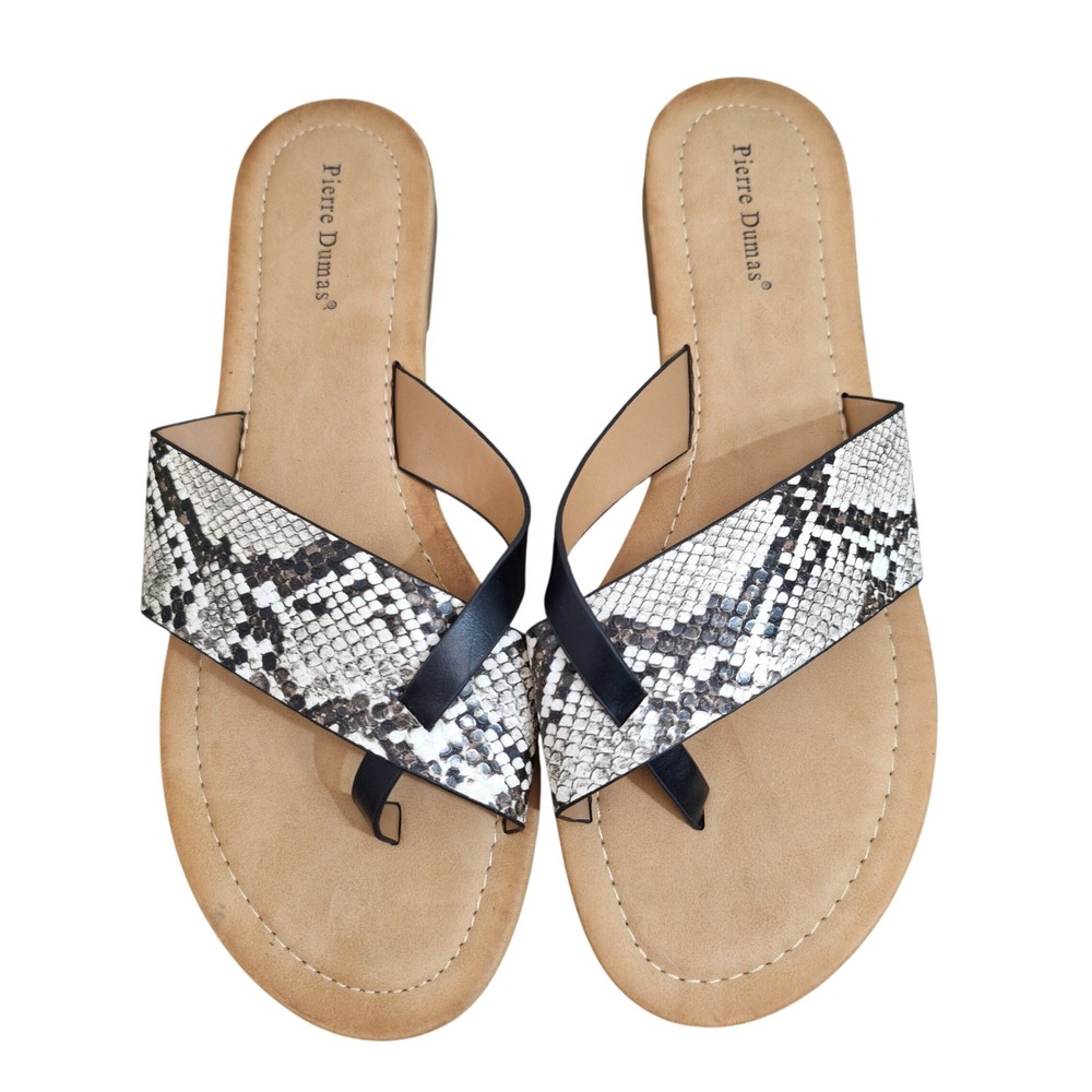 Pierre Dumas True-1 Snakeskin Print Flat Sandals Black White Toe Loop Womens 10M